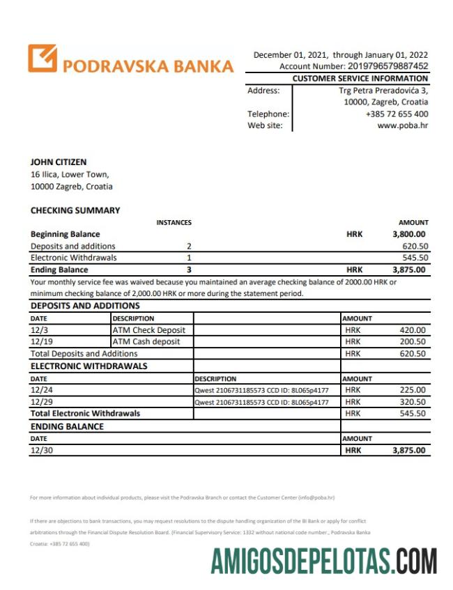 Croatia Podravska Banka Statement Xls amostra